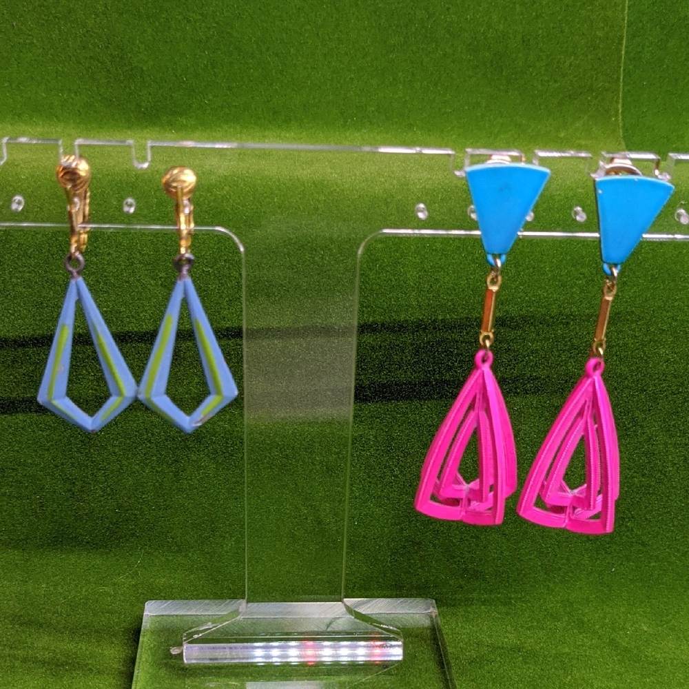 Vintage 80s Neon Earrings, Dangle Clip-on